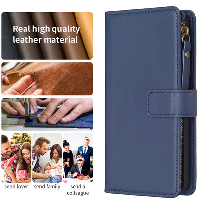 Xiaomi Redmi 13C Leather Flip Phone Case with 9 Card Slots, Zipper Wallet & Detachable Wristlet Strap