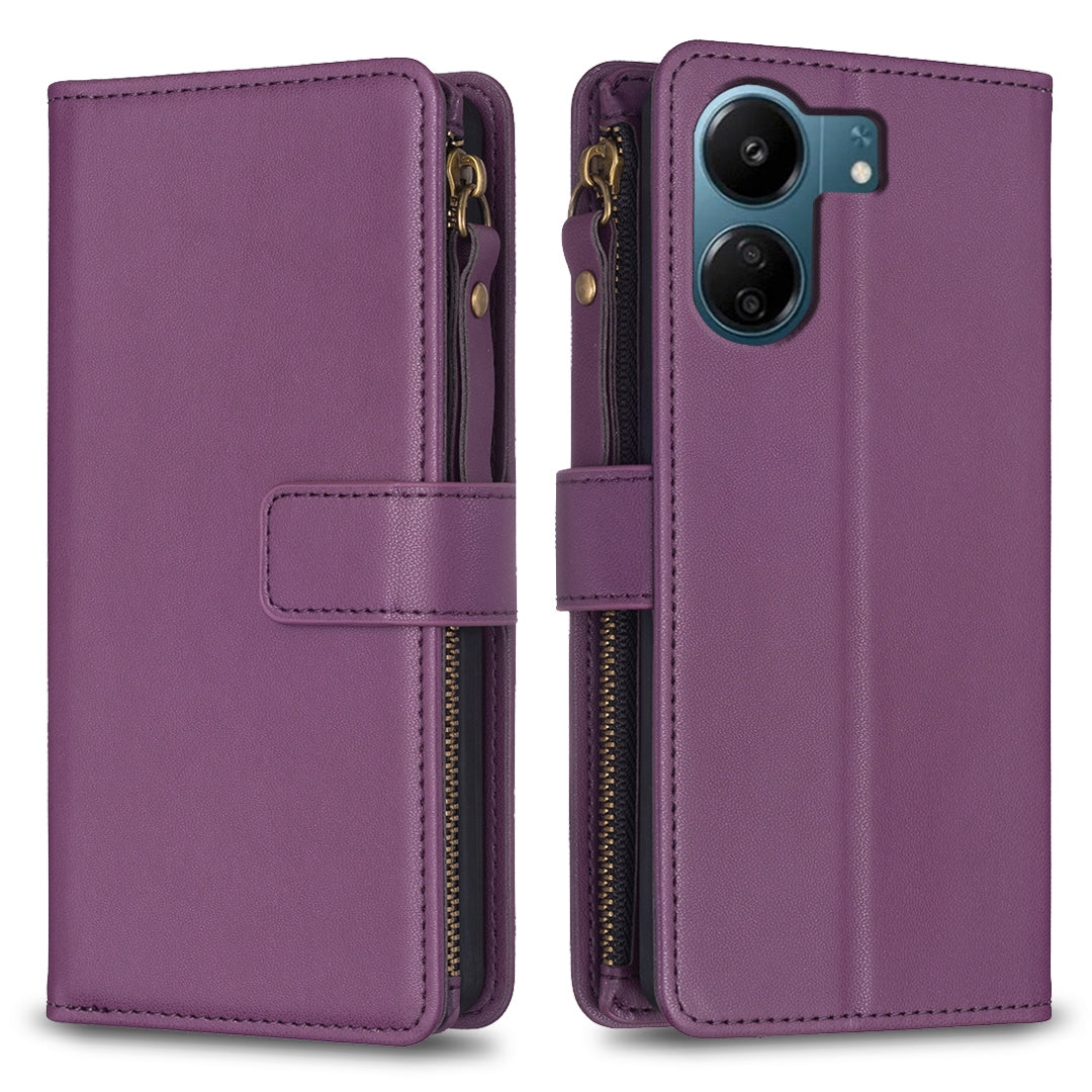 Xiaomi Redmi 13C Leather Flip Phone Case with 9 Card Slots, Zipper Wallet & Detachable Wristlet Strap