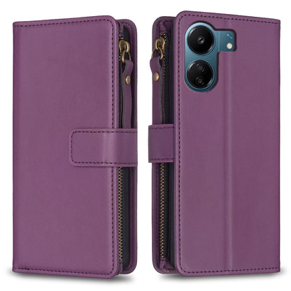 Xiaomi Redmi 13C Leather Flip Phone Case with 9 Card Slots, Zipper Wallet & Detachable Wristlet Strap