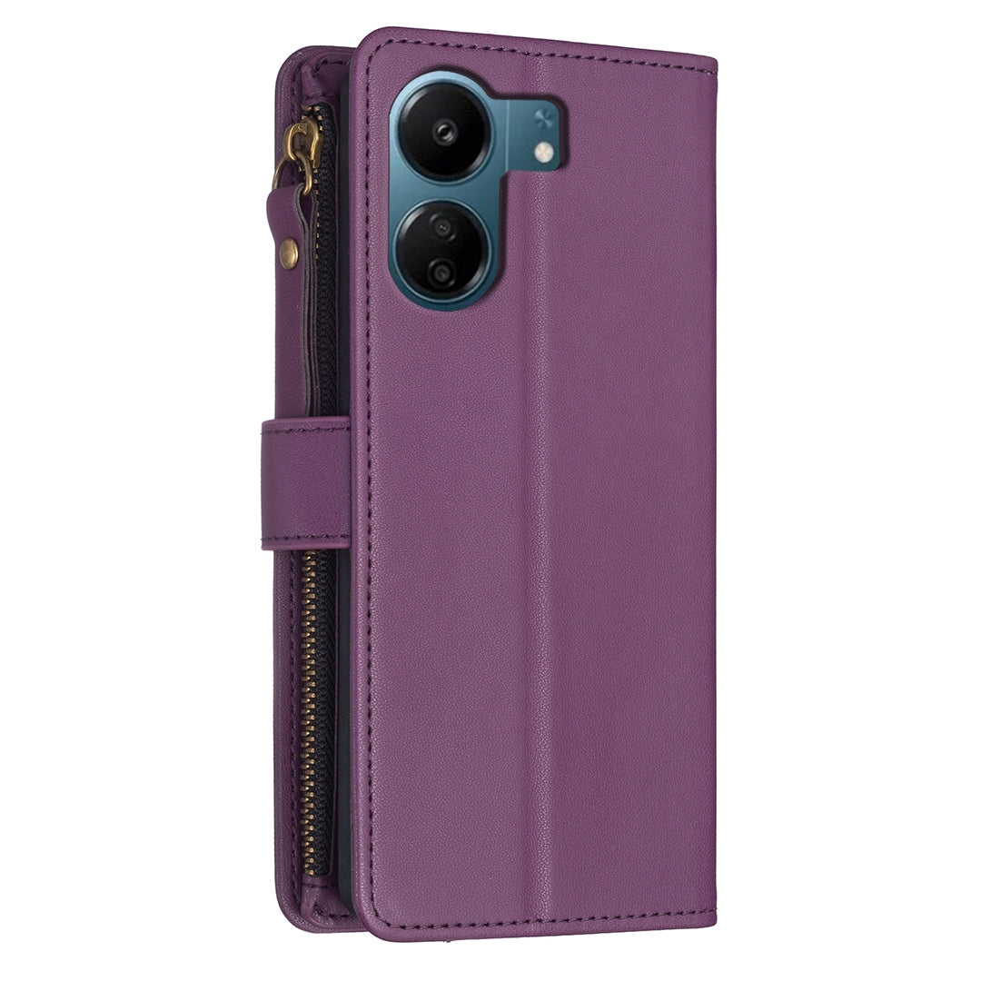 Xiaomi Redmi 13C Leather Flip Phone Case with 9 Card Slots, Zipper Wallet & Detachable Wristlet Strap
