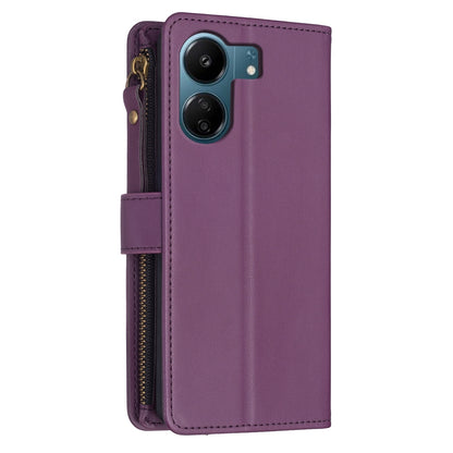 Xiaomi Redmi 13C Leather Flip Phone Case with 9 Card Slots, Zipper Wallet & Detachable Wristlet Strap