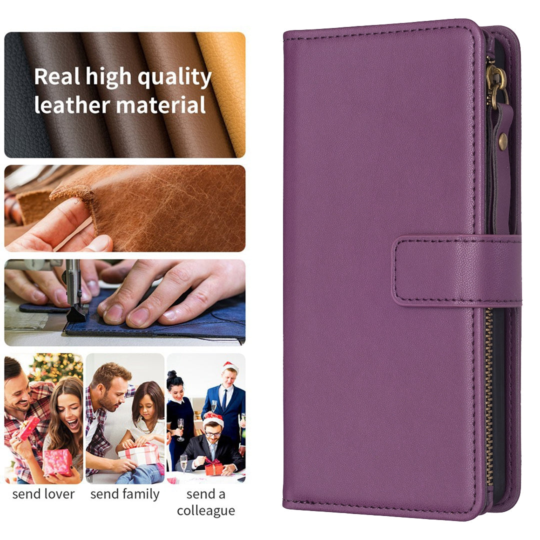 Xiaomi Redmi 13C Leather Flip Phone Case with 9 Card Slots, Zipper Wallet & Detachable Wristlet Strap