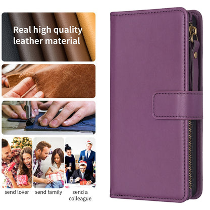Xiaomi Redmi 13C Leather Flip Phone Case with 9 Card Slots, Zipper Wallet & Detachable Wristlet Strap