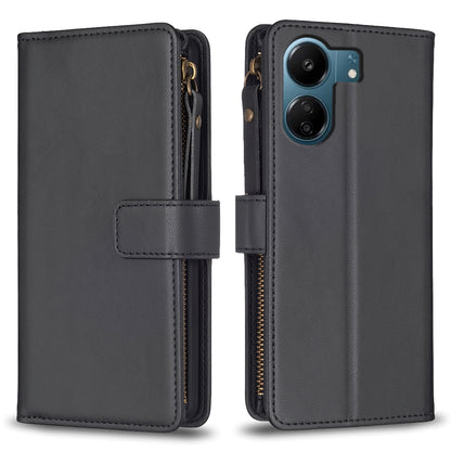 Xiaomi Redmi 13C Leather Flip Phone Case with 9 Card Slots, Zipper Wallet & Detachable Wristlet Strap