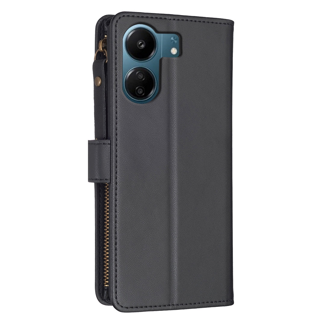 Xiaomi Redmi 13C Leather Flip Phone Case with 9 Card Slots, Zipper Wallet & Detachable Wristlet Strap
