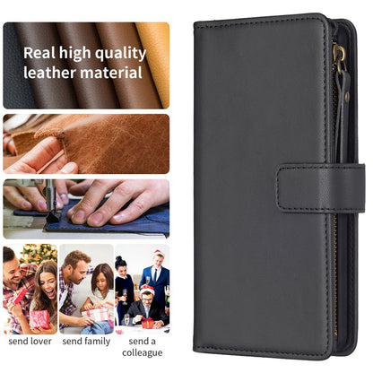Xiaomi Redmi 13C Leather Flip Phone Case with 9 Card Slots, Zipper Wallet & Detachable Wristlet Strap