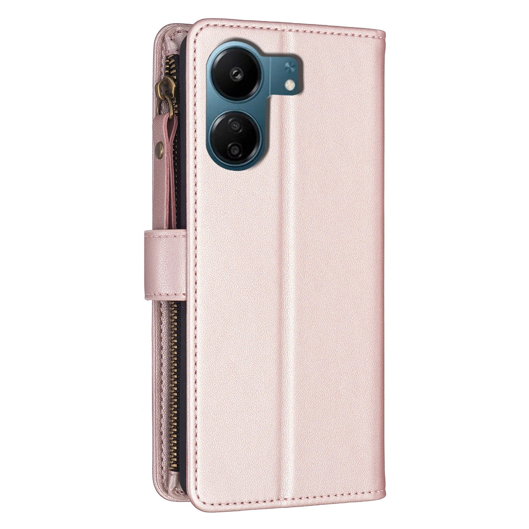 Xiaomi Redmi 13C Leather Flip Phone Case with 9 Card Slots, Zipper Wallet & Detachable Wristlet Strap