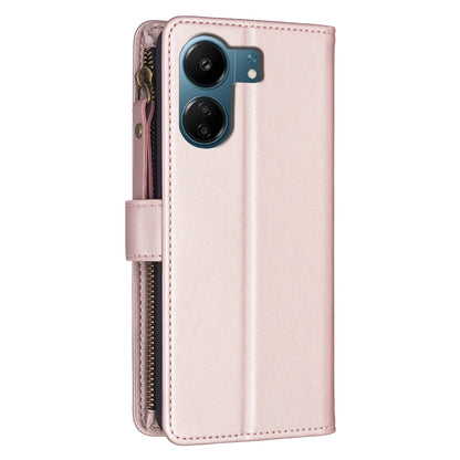 Xiaomi Redmi 13C Leather Flip Phone Case with 9 Card Slots, Zipper Wallet & Detachable Wristlet Strap