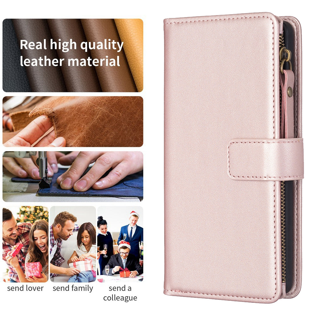 Xiaomi Redmi 13C Leather Flip Phone Case with 9 Card Slots, Zipper Wallet & Detachable Wristlet Strap