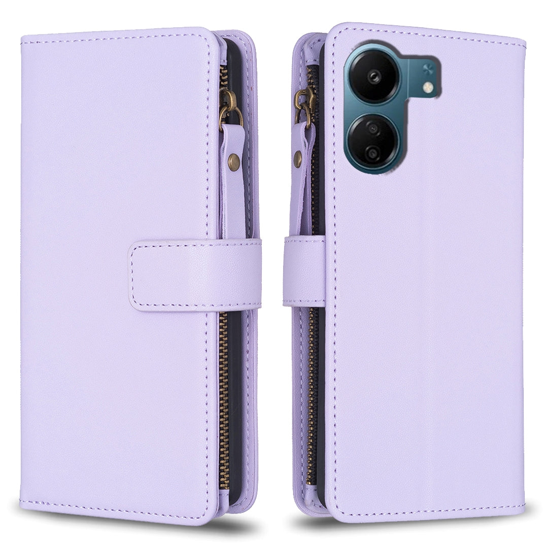 Xiaomi Redmi 13C Leather Flip Phone Case with 9 Card Slots, Zipper Wallet & Detachable Wristlet Strap