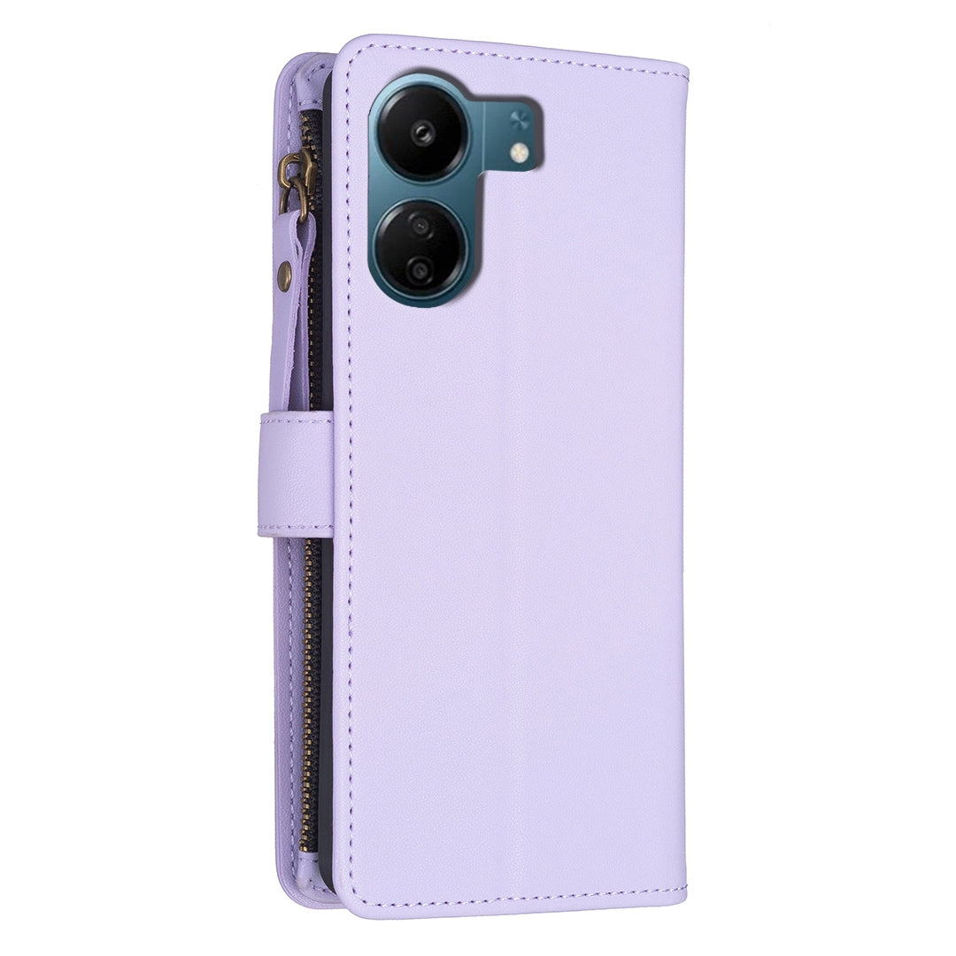 Xiaomi Redmi 13C Leather Flip Phone Case with 9 Card Slots, Zipper Wallet & Detachable Wristlet Strap