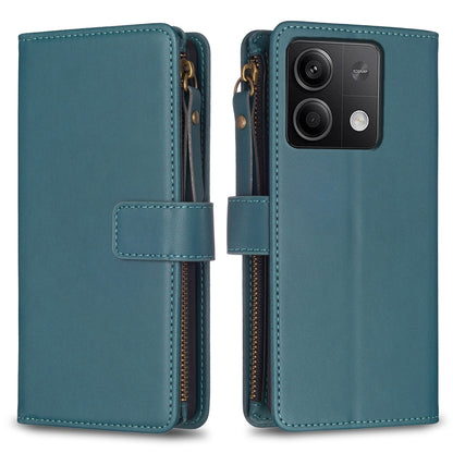 Xiaomi Redmi Note 13 4G Global Leather Flip Phone Case with 9 Card Slots, Zipper Wallet & Detachable Wristlet Strap
