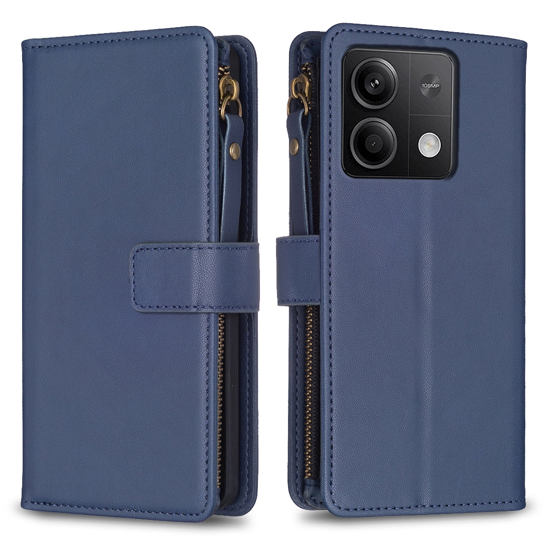 Xiaomi Redmi Note 13 4G Global Leather Flip Phone Case with 9 Card Slots, Zipper Wallet & Detachable Wristlet Strap