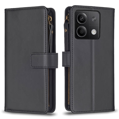 Xiaomi Redmi Note 13 4G Global Leather Flip Phone Case with 9 Card Slots, Zipper Wallet & Detachable Wristlet Strap