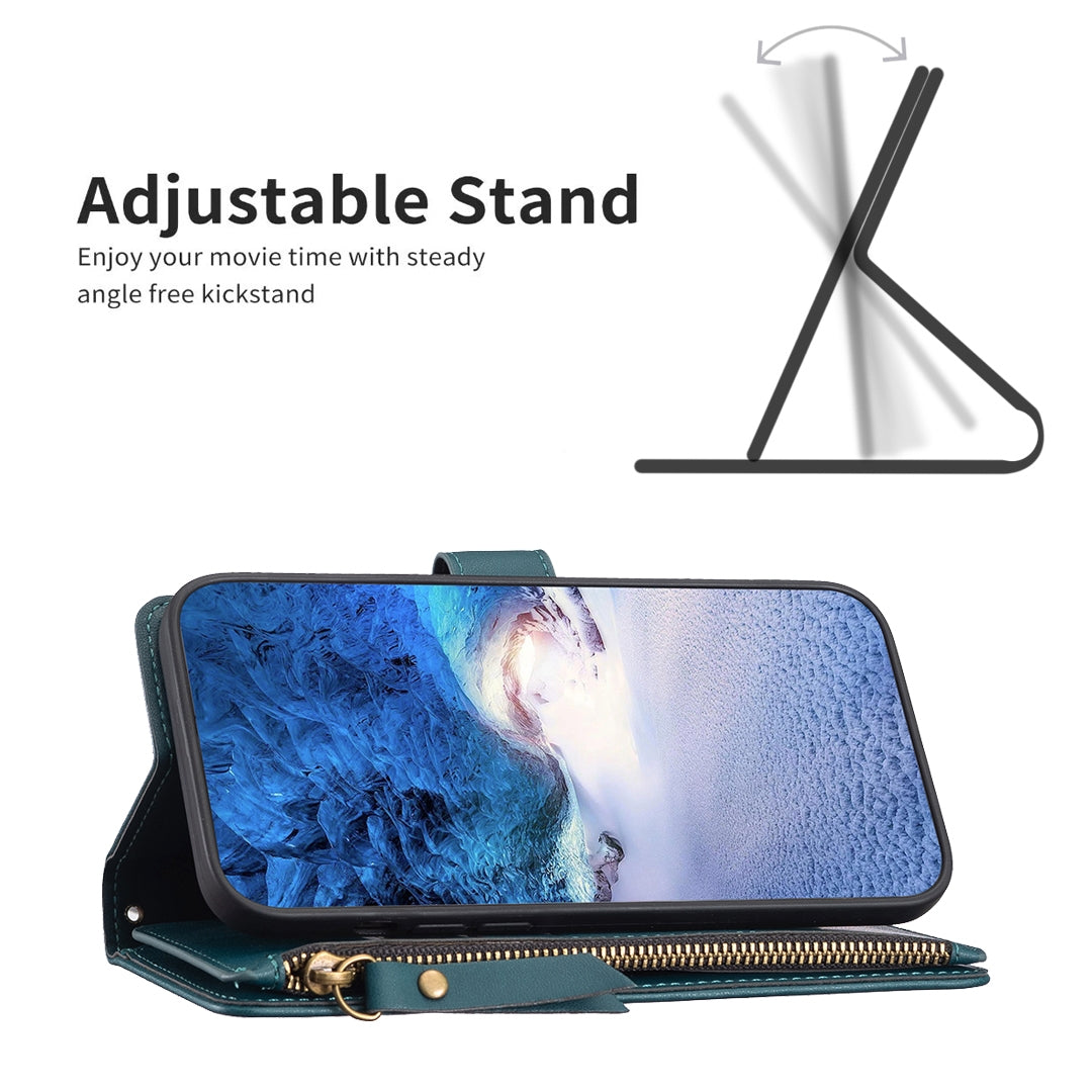 Xiaomi Redmi Note 13 Pro 4G Global Leather Flip Phone Case with 9 Card Slots, Zipper Wallet & Detachable Wristlet Strap