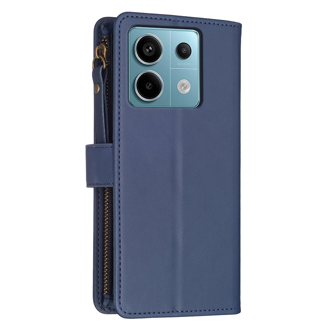 Xiaomi Poco M6 Pro 4G Leather Flip Phone Case with 9 Card Slots, Zipper Wallet & Detachable Wristlet Strap