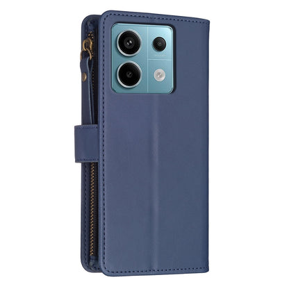Xiaomi Poco M6 Pro 4G Leather Flip Phone Case with 9 Card Slots, Zipper Wallet & Detachable Wristlet Strap