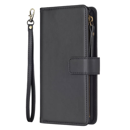 Xiaomi Poco M6 Pro 4G Leather Flip Phone Case with 9 Card Slots, Zipper Wallet & Detachable Wristlet Strap