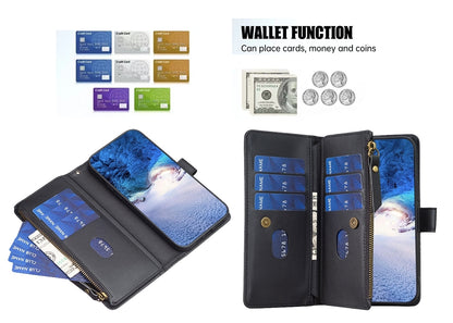Xiaomi Poco M6 Pro 4G Leather Flip Phone Case with 9 Card Slots, Zipper Wallet & Detachable Wristlet Strap