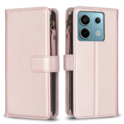 Xiaomi Poco M6 Pro 4G Leather Flip Phone Case with 9 Card Slots, Zipper Wallet & Detachable Wristlet Strap