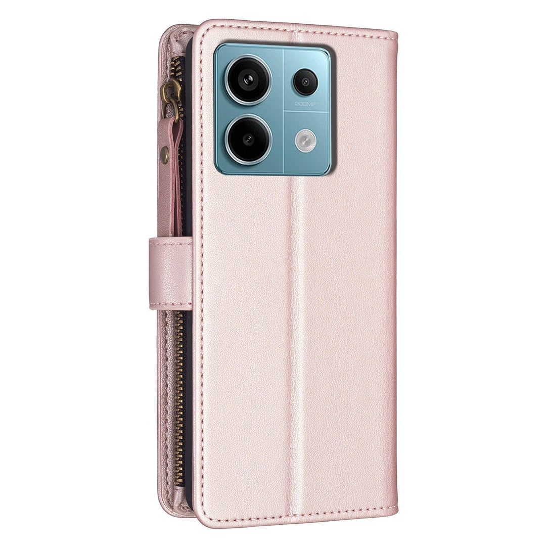 Xiaomi Poco M6 Pro 4G Leather Flip Phone Case with 9 Card Slots, Zipper Wallet & Detachable Wristlet Strap