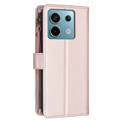Xiaomi Poco M6 Pro 4G Leather Flip Phone Case with 9 Card Slots, Zipper Wallet & Detachable Wristlet Strap