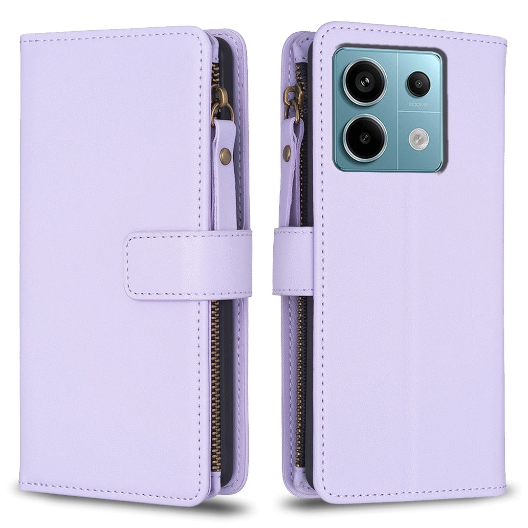 Xiaomi Poco M6 Pro 4G Leather Flip Phone Case with 9 Card Slots, Zipper Wallet & Detachable Wristlet Strap