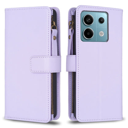 Xiaomi Poco M6 Pro 4G Leather Flip Phone Case with 9 Card Slots, Zipper Wallet & Detachable Wristlet Strap