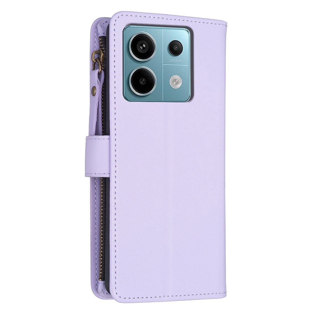 Xiaomi Poco M6 Pro 4G Leather Flip Phone Case with 9 Card Slots, Zipper Wallet & Detachable Wristlet Strap