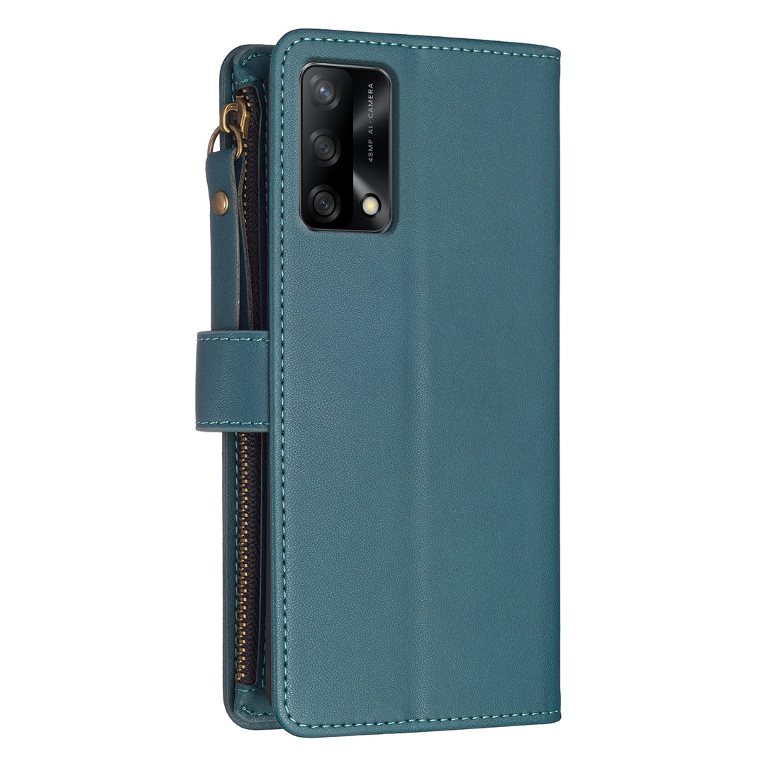 OPPO A74 4G Leather Flip Phone Case with 9 Card Slots, Zipper Wallet & Detachable Wristlet Strap