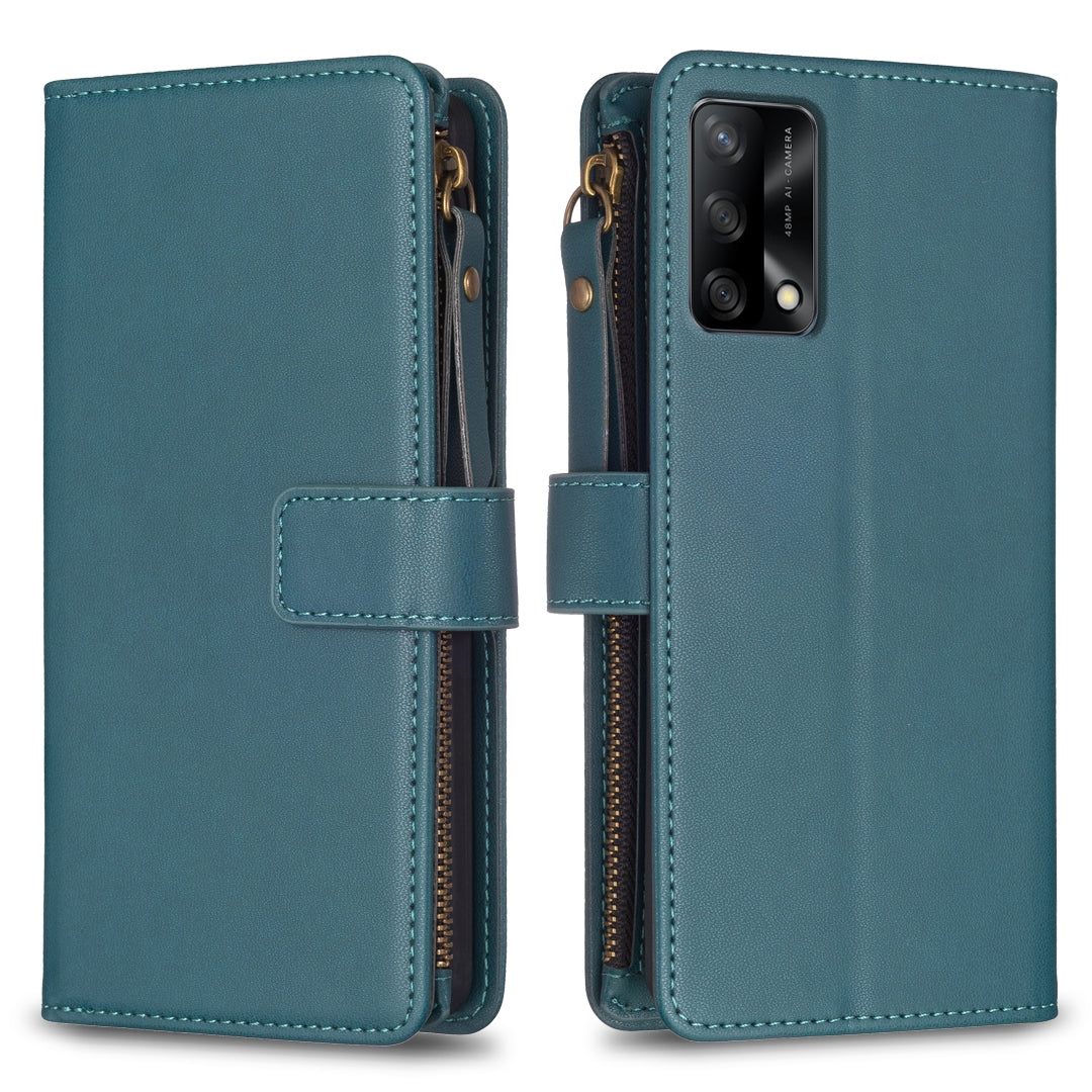OPPO F19 4G Leather Flip Phone Case with 9 Card Slots, Zipper Wallet & Detachable Wristlet Strap