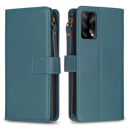 OPPO F19 4G Leather Flip Phone Case with 9 Card Slots, Zipper Wallet & Detachable Wristlet Strap