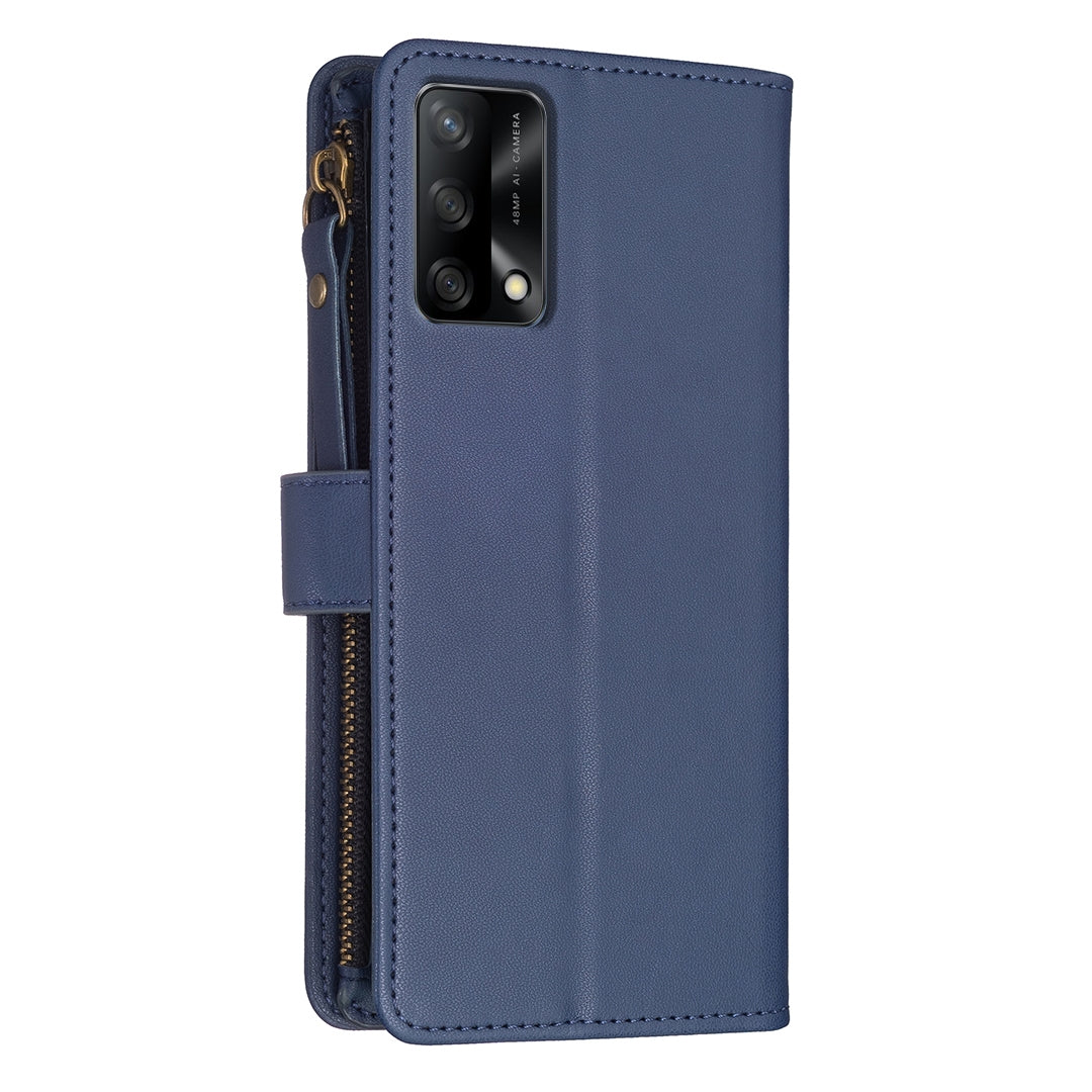 OPPO F19 4G Leather Flip Phone Case with 9 Card Slots, Zipper Wallet & Detachable Wristlet Strap