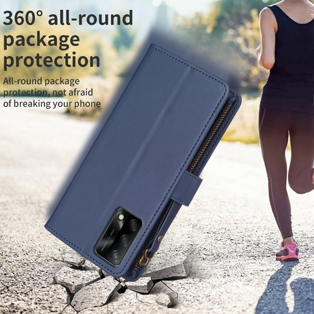 OPPO A74 4G Leather Flip Phone Case with 9 Card Slots, Zipper Wallet & Detachable Wristlet Strap