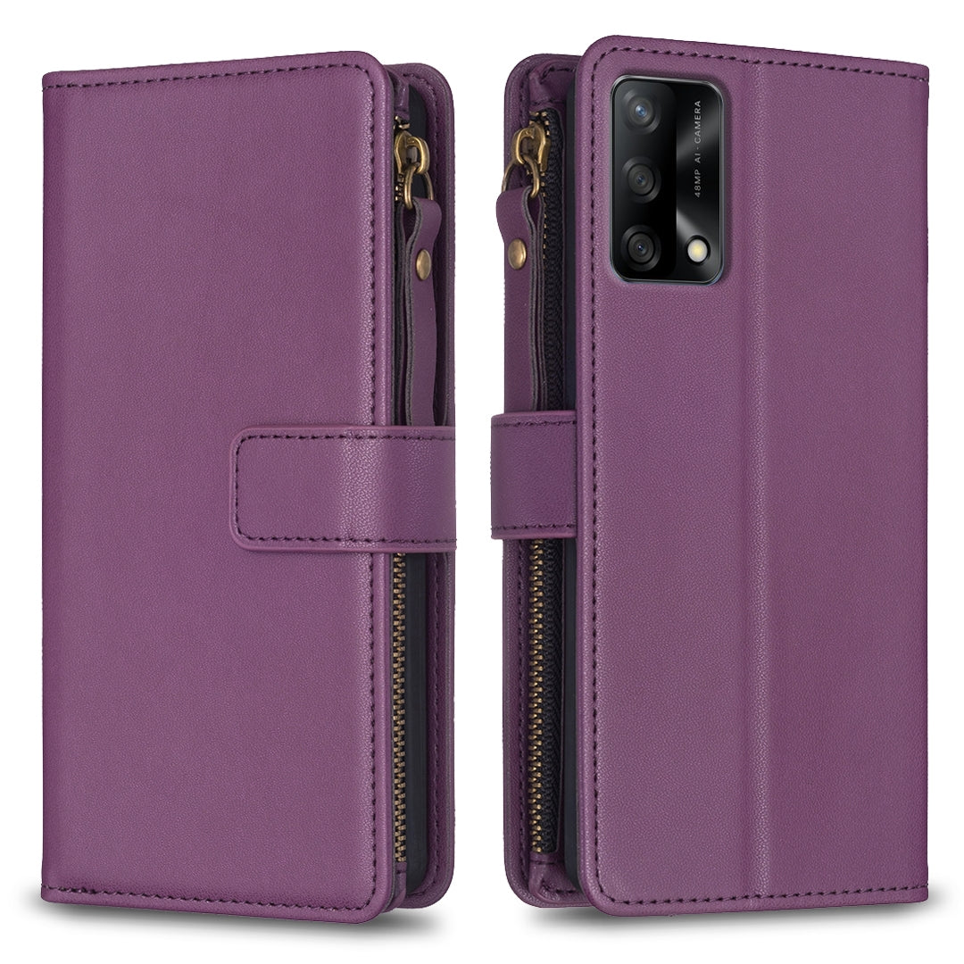 OPPO A74 4G Leather Flip Phone Case with 9 Card Slots, Zipper Wallet & Detachable Wristlet Strap
