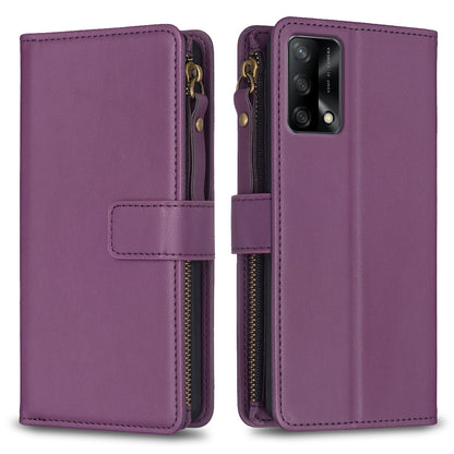 OPPO A74 4G Leather Flip Phone Case with 9 Card Slots, Zipper Wallet & Detachable Wristlet Strap