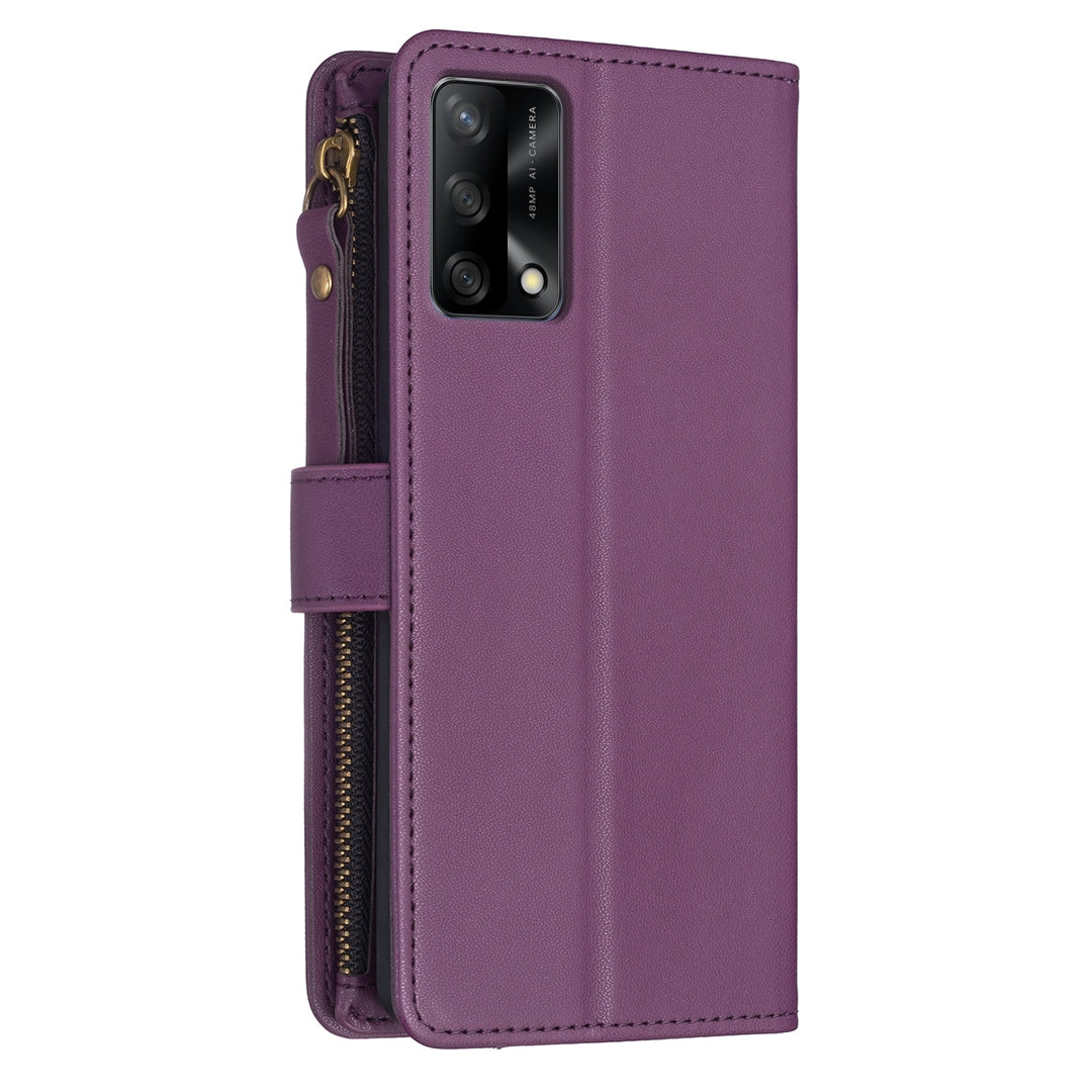 OPPO A74 4G Leather Flip Phone Case with 9 Card Slots, Zipper Wallet & Detachable Wristlet Strap