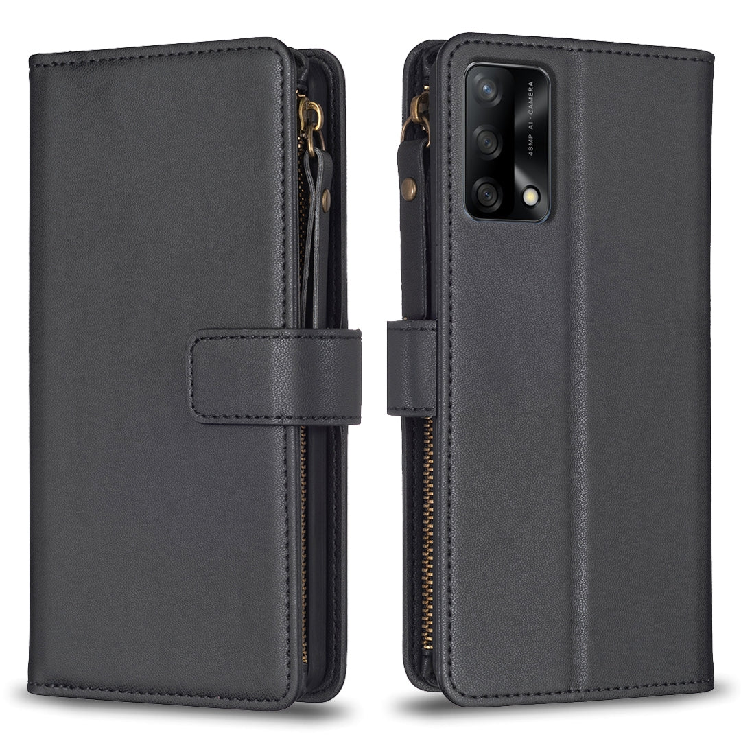 OPPO A74 4G Leather Flip Phone Case with 9 Card Slots, Zipper Wallet & Detachable Wristlet Strap