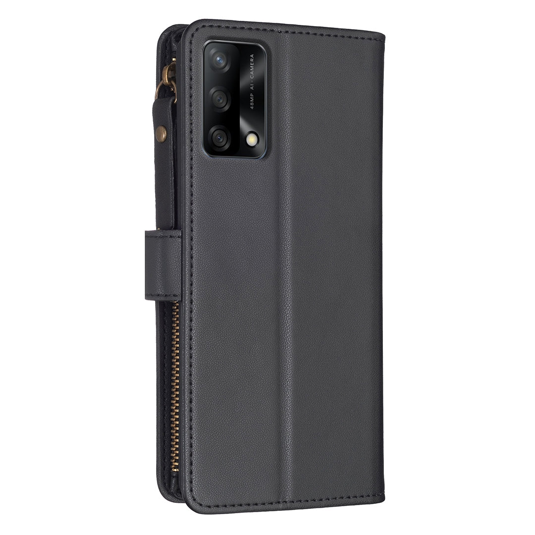 OPPO A74 4G Leather Flip Phone Case with 9 Card Slots, Zipper Wallet & Detachable Wristlet Strap