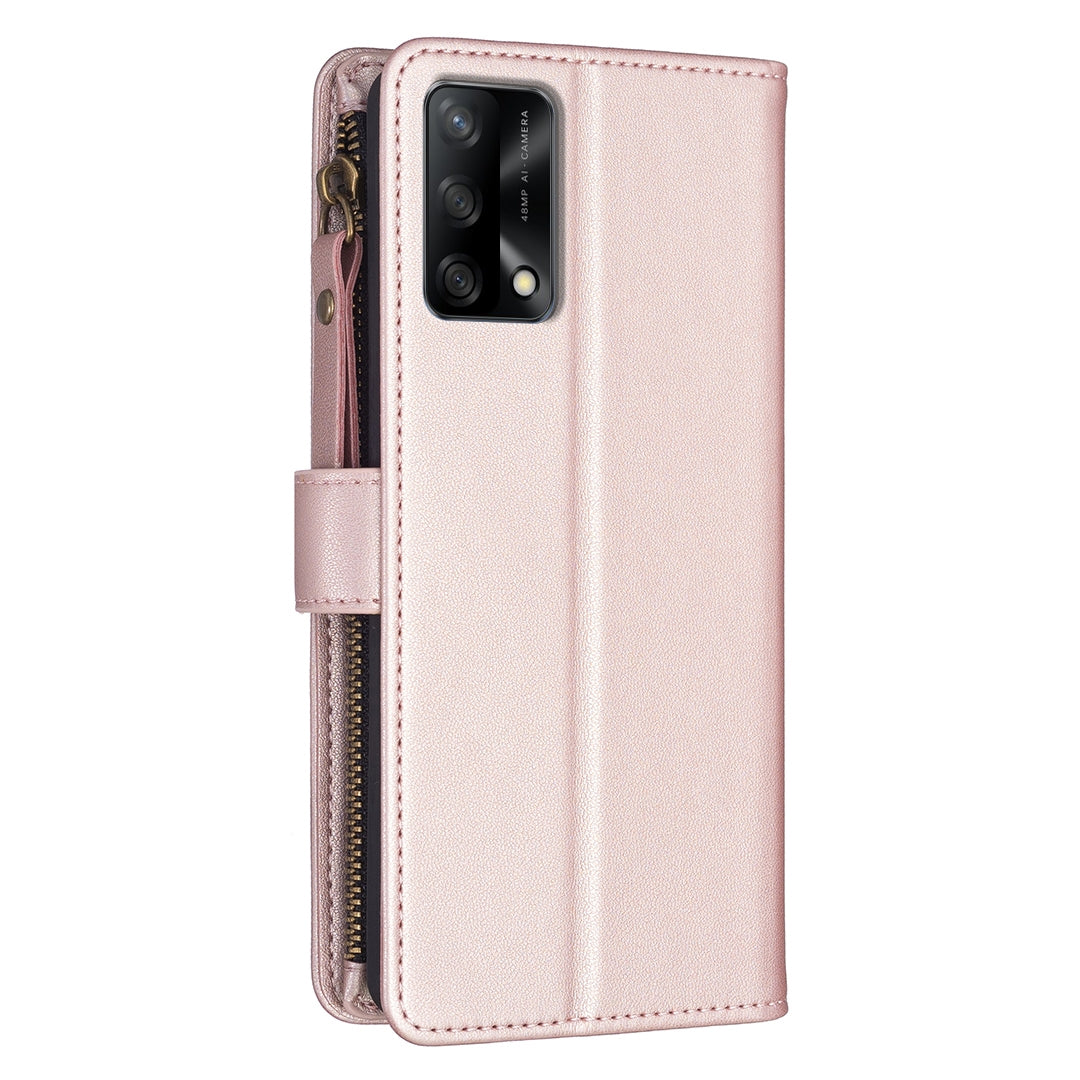 OPPO A74 4G Leather Flip Phone Case with 9 Card Slots, Zipper Wallet & Detachable Wristlet Strap