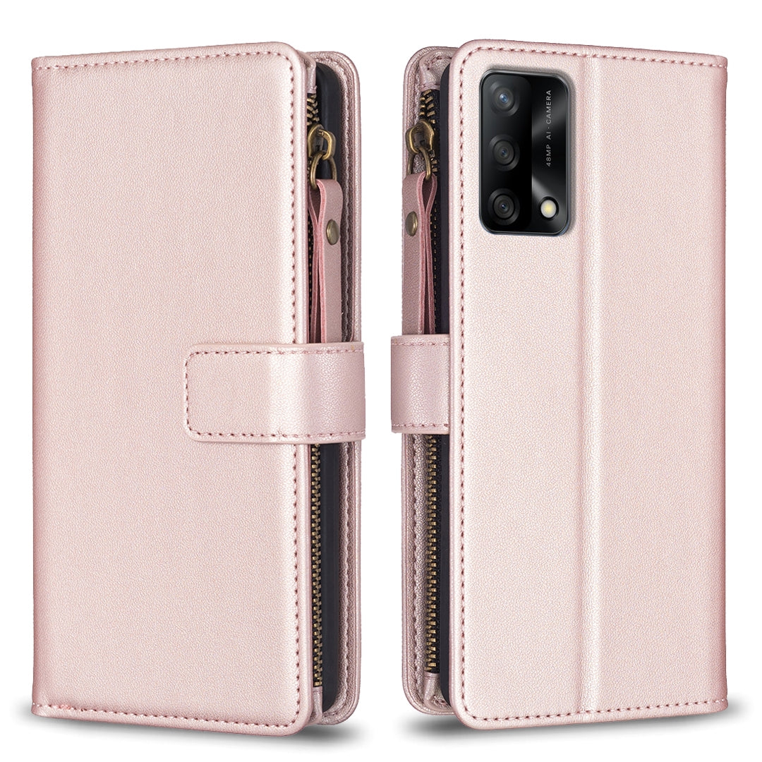 OPPO F19 4G Leather Flip Phone Case with 9 Card Slots, Zipper Wallet & Detachable Wristlet Strap