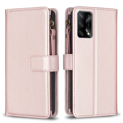 OPPO F19 4G Leather Flip Phone Case with 9 Card Slots, Zipper Wallet & Detachable Wristlet Strap