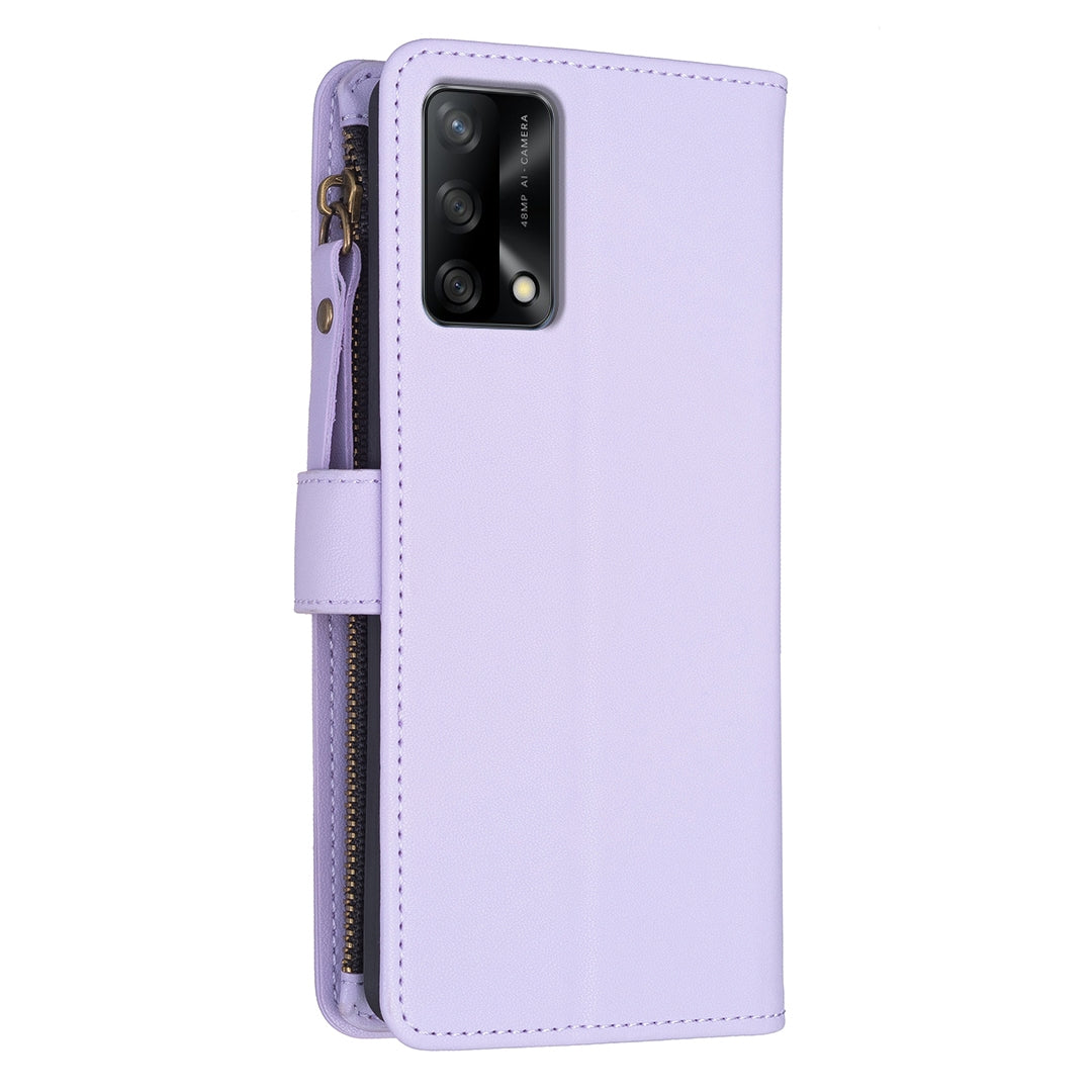 OPPO A74 4G Leather Flip Phone Case with 9 Card Slots, Zipper Wallet & Detachable Wristlet Strap