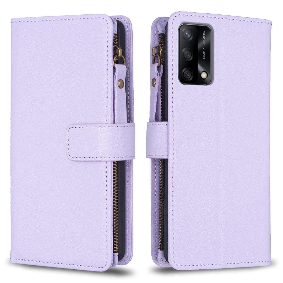 OPPO F19 4G Leather Flip Phone Case with 9 Card Slots, Zipper Wallet & Detachable Wristlet Strap