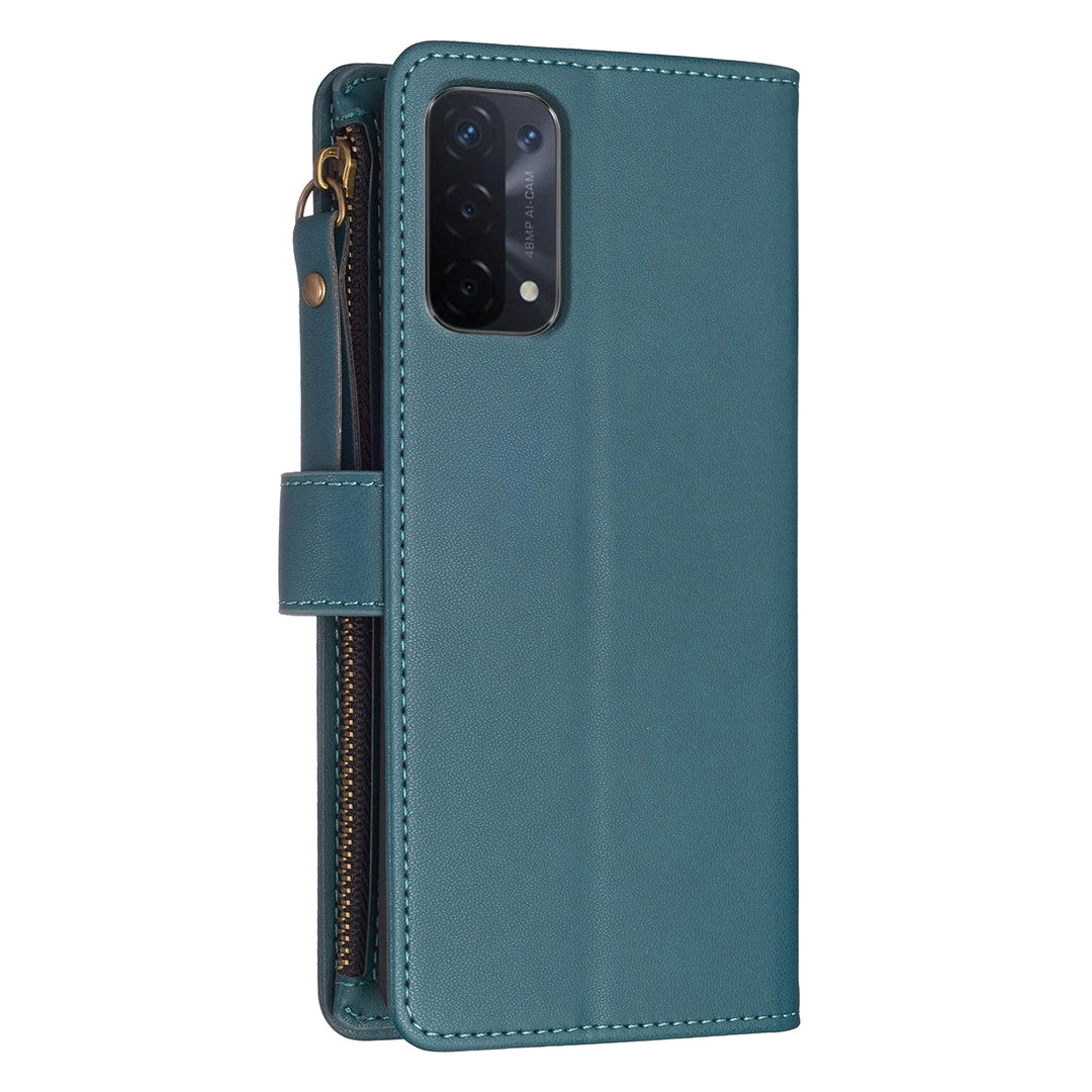 OPPO A74 5G Leather Flip Phone Case with 9 Card Slots, Zipper Wallet & Detachable Wristlet Strap