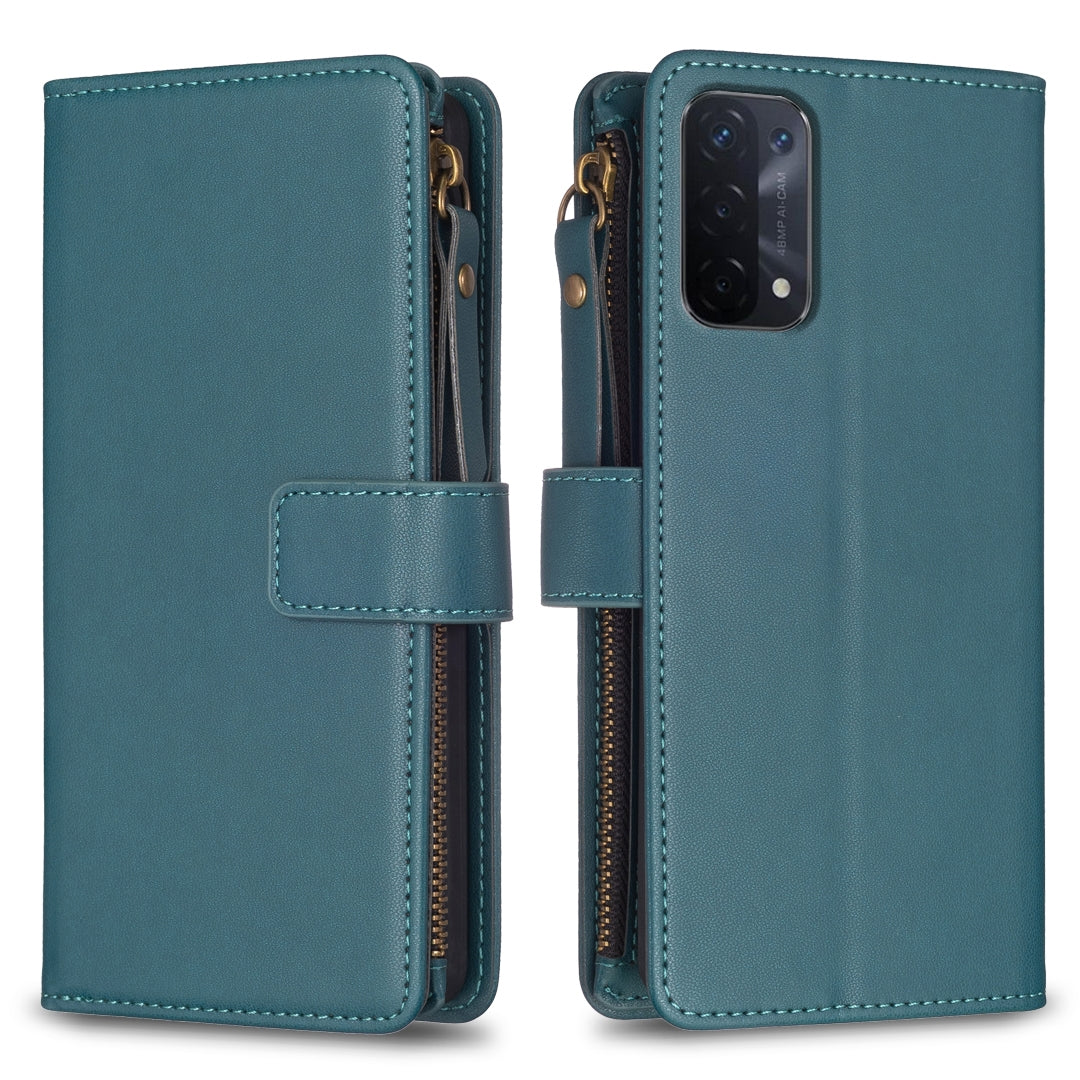OPPO A93 5G Leather Flip Phone Case with 9 Card Slots, Zipper Wallet & Detachable Wristlet Strap