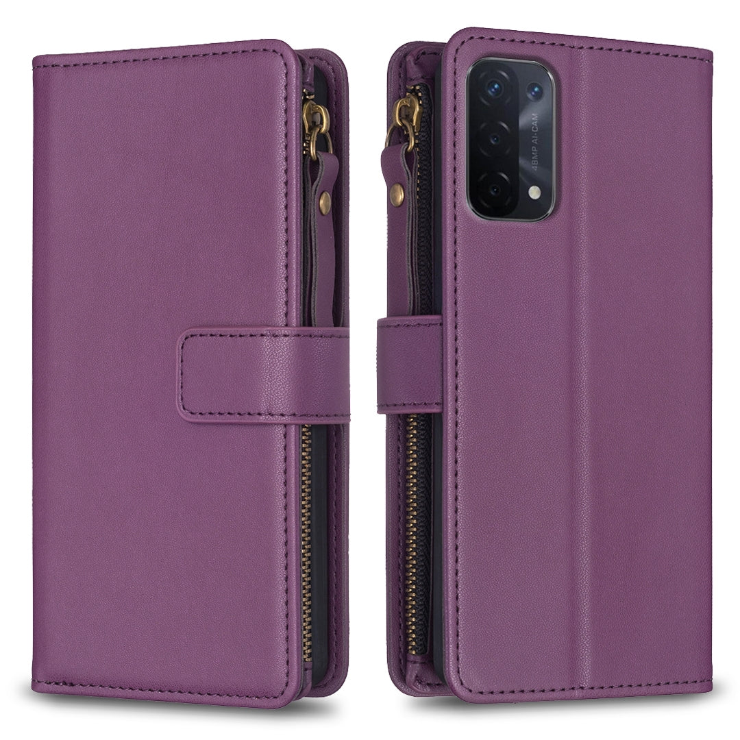 OPPO A93 5G Leather Flip Phone Case with 9 Card Slots, Zipper Wallet & Detachable Wristlet Strap