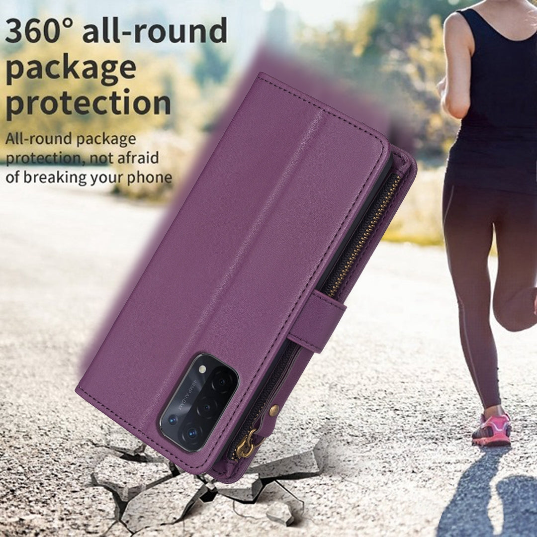 OPPO A74 5G Leather Flip Phone Case with 9 Card Slots, Zipper Wallet & Detachable Wristlet Strap