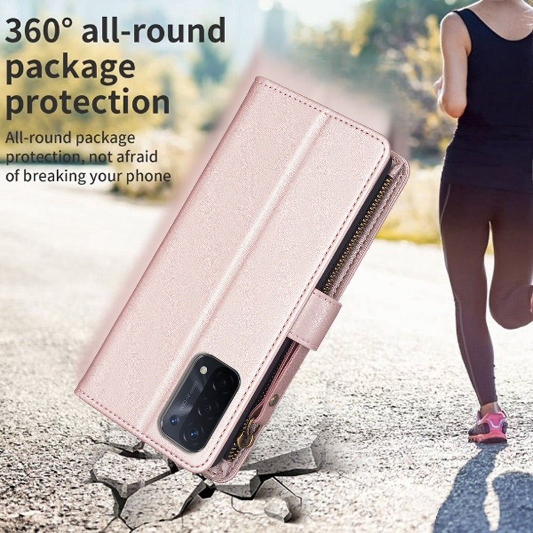 OPPO A93 5G Leather Flip Phone Case with 9 Card Slots, Zipper Wallet & Detachable Wristlet Strap