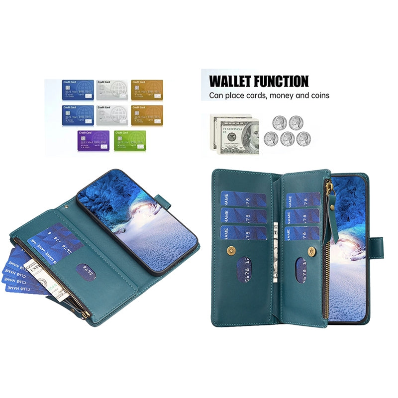 OPPO A92 Leather Flip Phone Case with 9 Card Slots, Zipper Wallet & Detachable Wristlet Strap